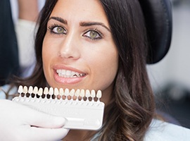 Cosmetic dentist comparing smile with veneer color chart